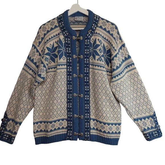 Voss Norwegian Wool Cardigan Sweater Blue White Size Small - Picture 10 of 10